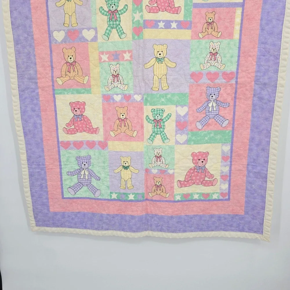 Vintage Pastel Teddy Bear Baby Quilt Reversible Patchwork Pink Purple 34x42
